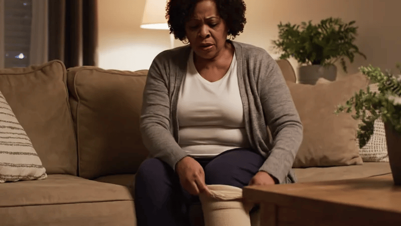 Mulher no sofá com pernas inchadas