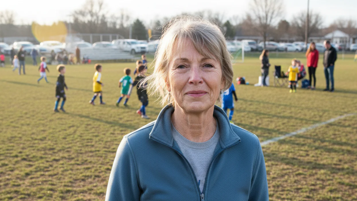 Mulher sorrindo em campo de futebol após recuperação