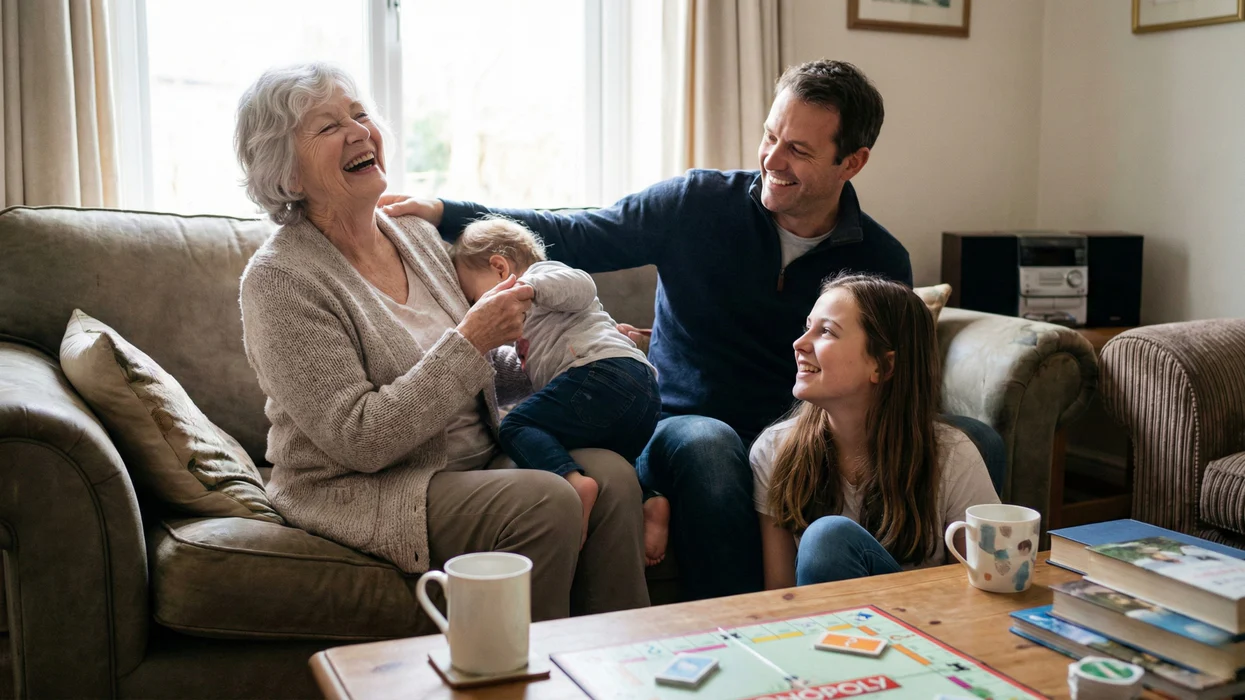 Família feliz reunida no sofá